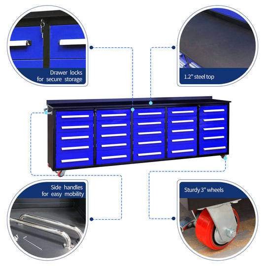Chery Industrial 10ft 25-Drawer Storage Workbench with Wheels